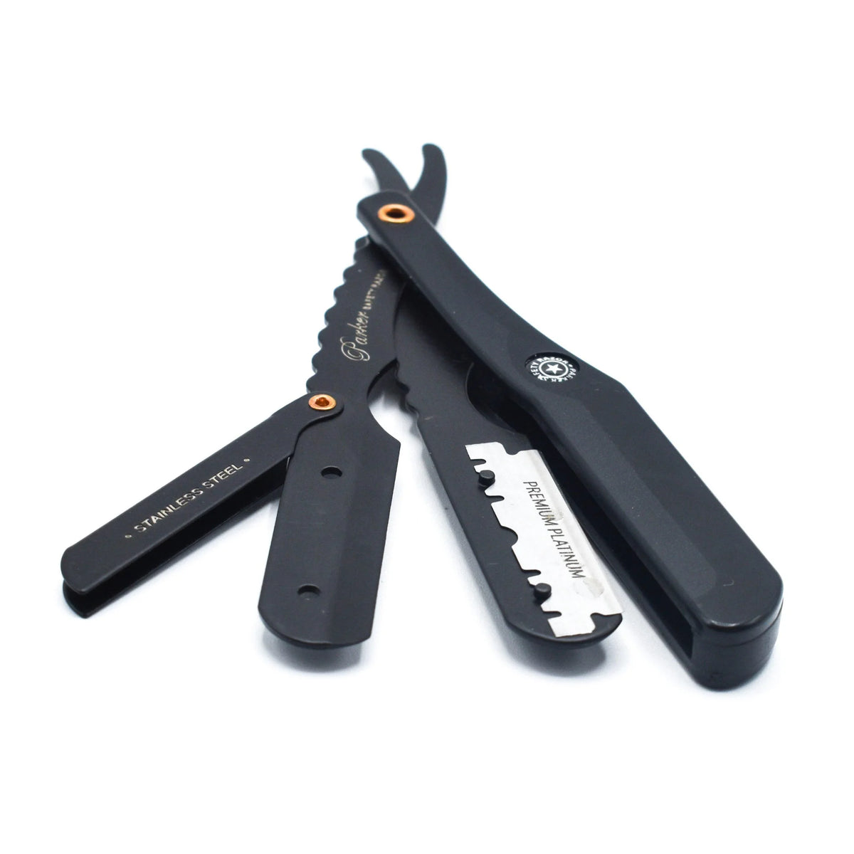 Parker Shavette Barber Razor SRBBA - Stainless Steel with black finish & Black Plastic Handle