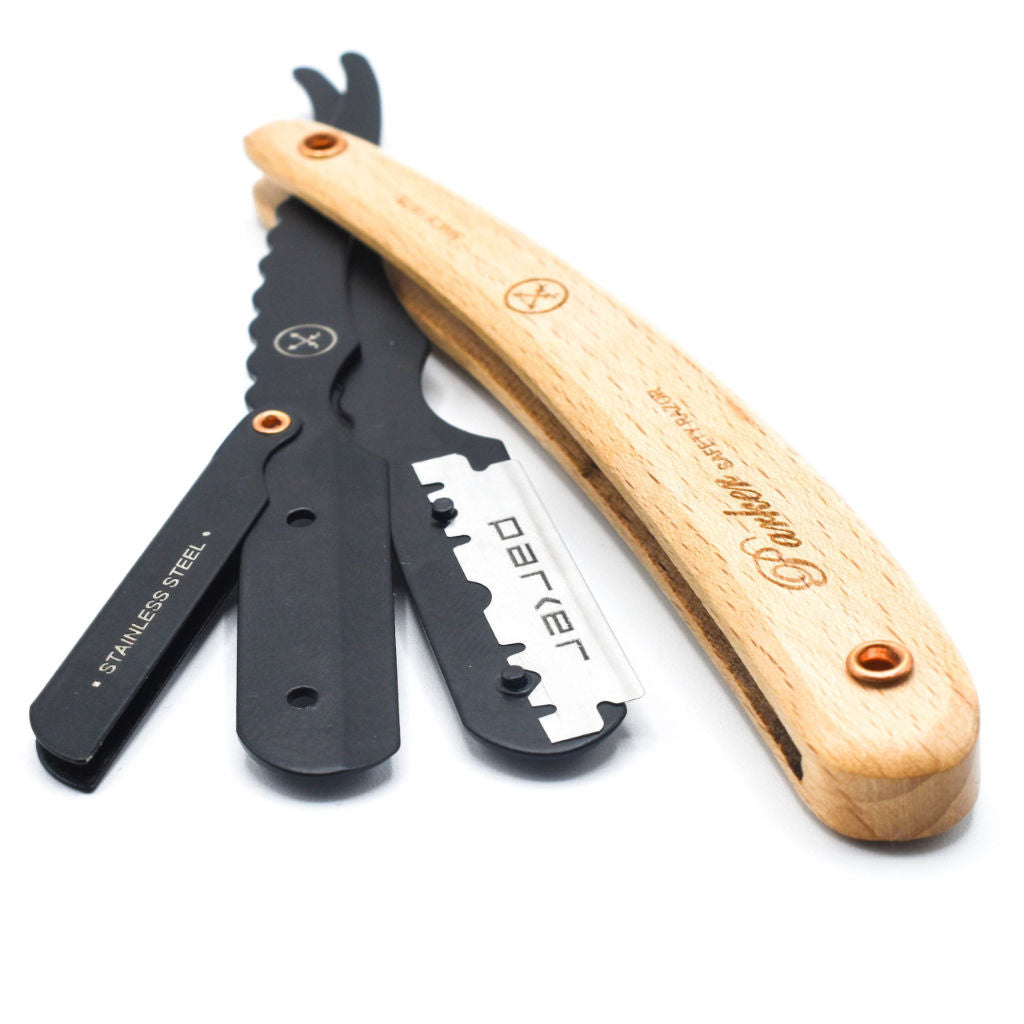 Parker Shavette Barber Razor SRPBA - Stainless Steel with premium black finish & Wooden Handle - 3.jpg